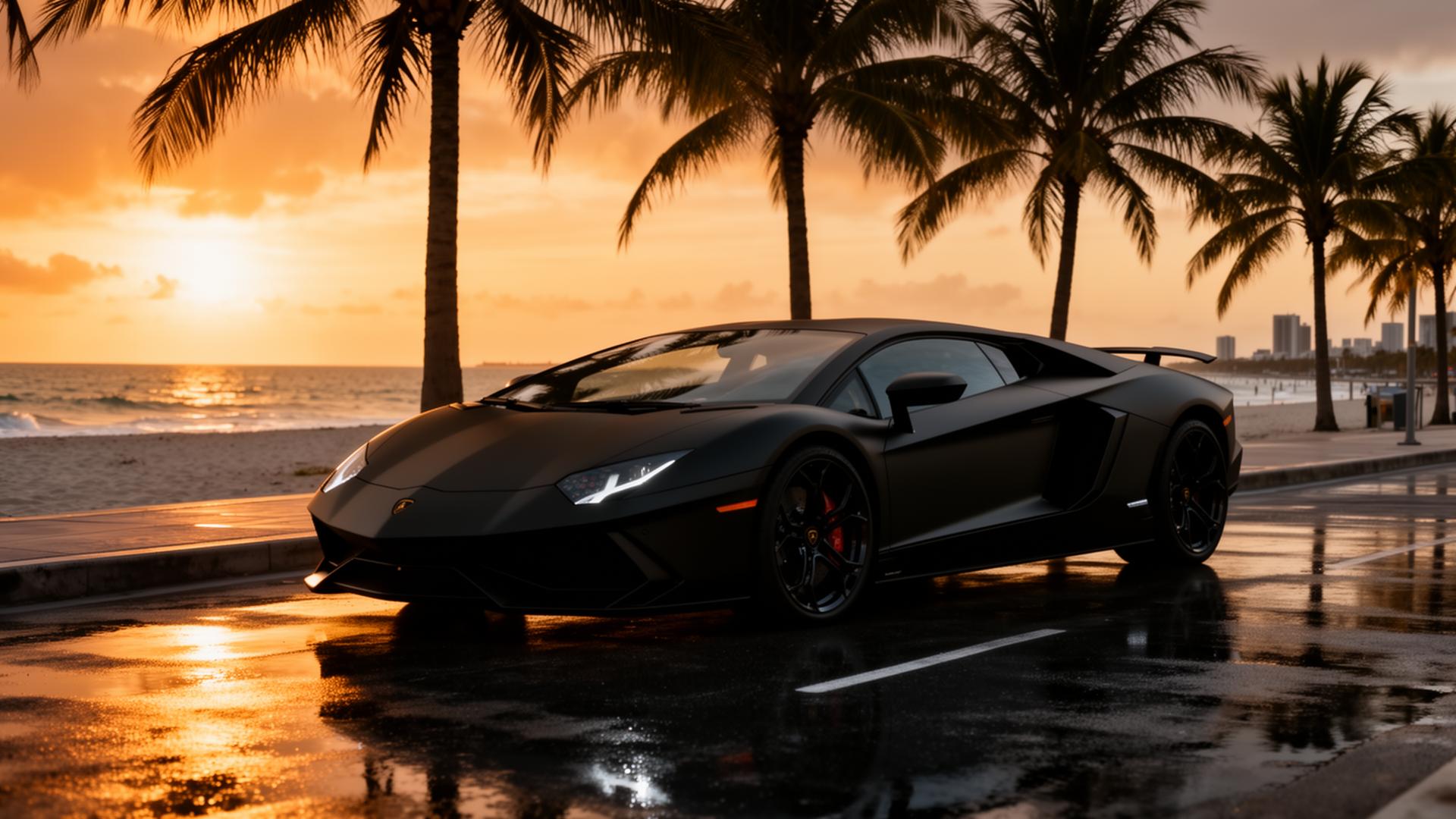 Matte black supercar parked at a Florida beach at sunset